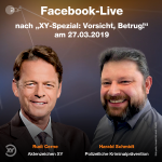 Gemeinsam mit Moderator Rudi Cerne diskutiert Harald Schmidt mit den Zuschauern von Aktenzeichen XY im Facebook Live